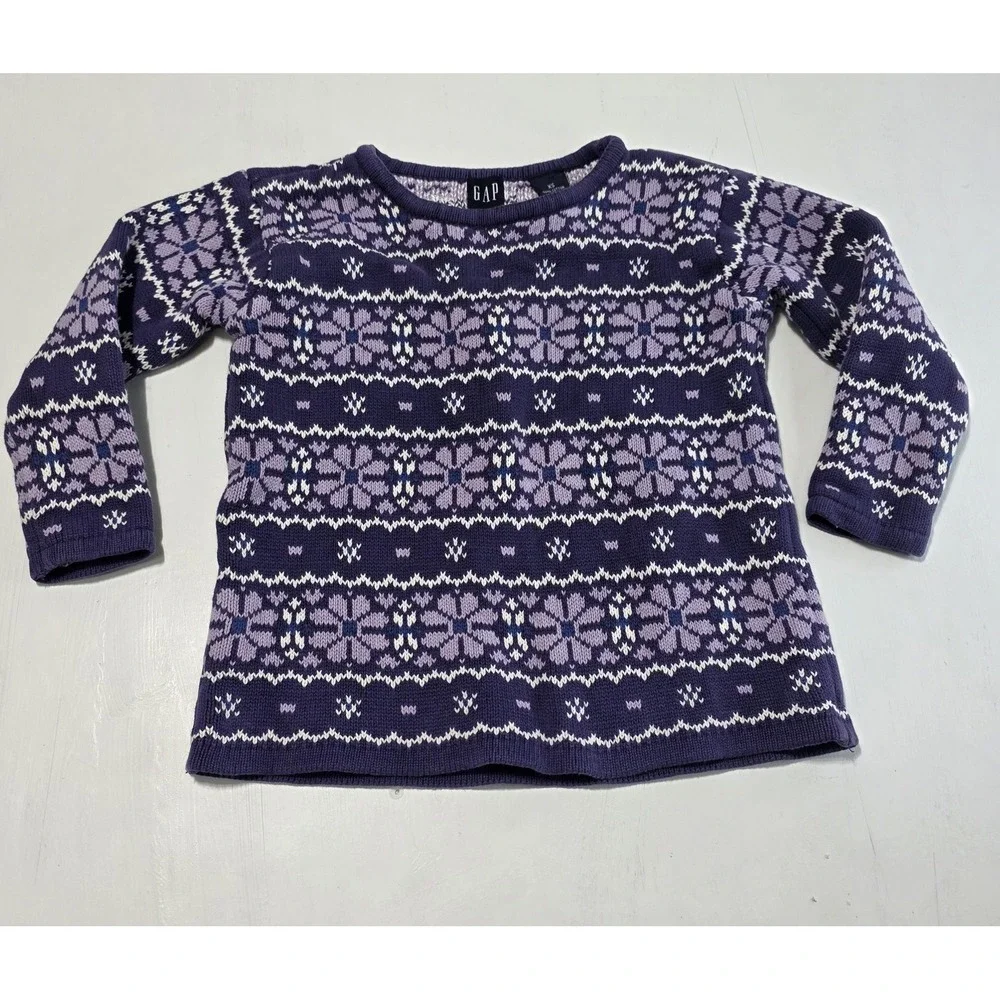 Vtg Gap Sweater Girls XS Purple Fair Isle Cotton Winter Pullover‎ Snowflake Knit